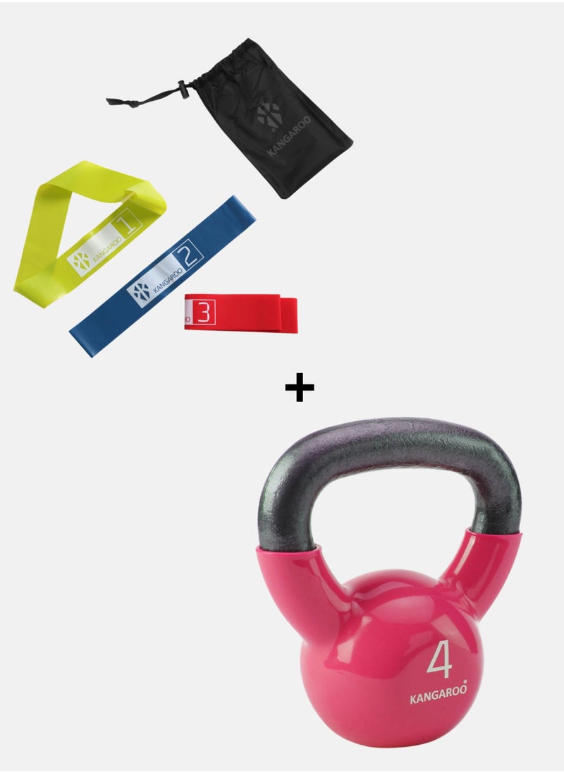 KANGAROO Kettlebell 4kg Cast Iron Vinyl Coated with Kangaroo Resistance Band Loop Set 3 Levels of Rubber 