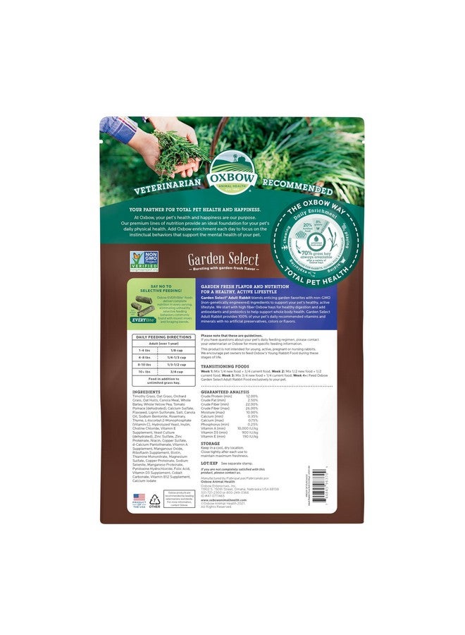 أوكسبو طعام أرانب أوكسبو جاردن سيليكت، للبالغين، مصنوع من تبن تيموثي للأرانب، حبيبات طعام الأرانب، غير معدل وراثيًا، خالٍ من الصويا والقمح، منتجات حيوانات أليفة صغيرة، صنع في الولايات المتحدة الأمريكية، غني بالألياف، كيس 8 أرطال - Image 2