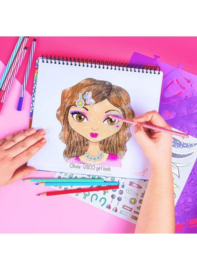 فاشون إينجلز - مجموعة رسومات مكياج وتصفيف شعر (11452) دفتر رسم للمبتدئين، دفتر رسم مع قوالب وملصقات للأعمار من 6 سنوات فما فوق - Image 1