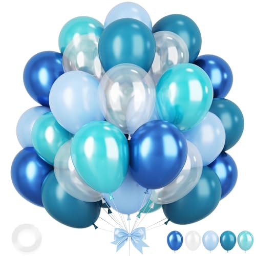 Sowide Ocean Themed Party Balloons 12 Inches Turquoise Teal Blue Clear Metallic Balloons for Ocean Shark Sea Themed Pool Party Baby Shower Birthday Beach Decorations - Image 1