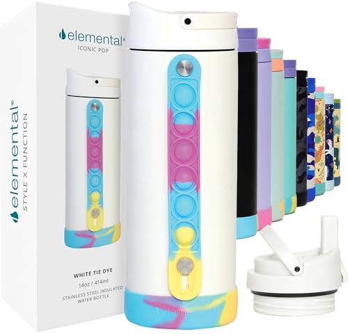 Elemental Iconic Kids Water Bottle with Straw Lid  Stress Relief Pop It Handle LeakProof When Closed Triple Insulated Kids Stainless Steel Water Bottle For Girls and Boys 14oz  White Tie Dye