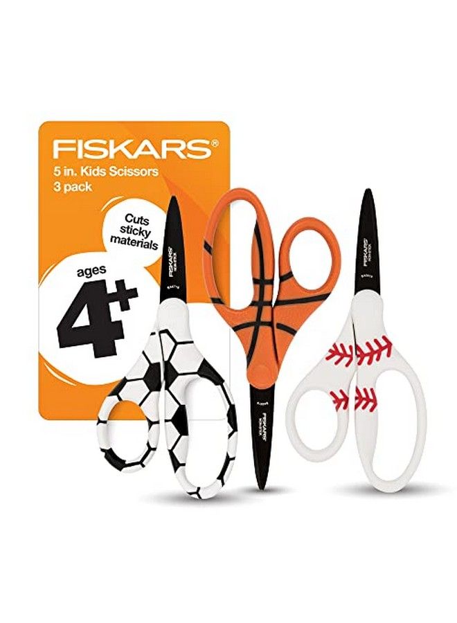 Fiskars Kids Scissors Scissors For School Pointed Tip Scissors 5 Inch Sport Mvp Non Stick Blades 3 Pack Soccer/Baseball/Softball/Basketball - Image 1