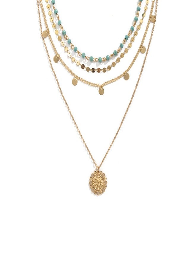 اتش تي اتش قلادات ذهبية متراصة للنساء من HTH، قلادات بوهيمية متعددة الطبقات مع سلسلة ساحرة من الفيروز، قلادات حفلات موسيقى الريف (ذهبية) - Image 1