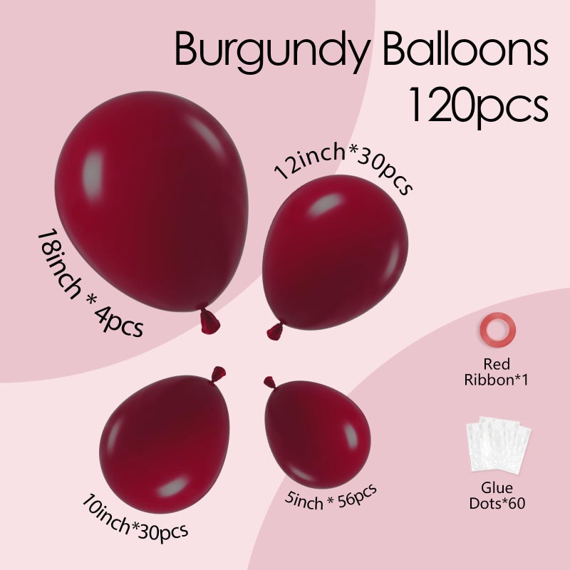 awenztech 120pcs Burgundy Balloons, 18 12 10 5 inch Maroon Balloons Different Sizes Burgundy Balloon Arch Kit for Birthday Graduation Wedding Baby Shower Valentine's Day Party Decorations - Image 2
