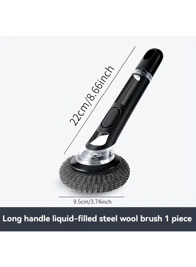 Long Handle Dish Brush With Automatic Liquid Dispenser 1pc Pot Scrub 6 Steel Wool - Image 3