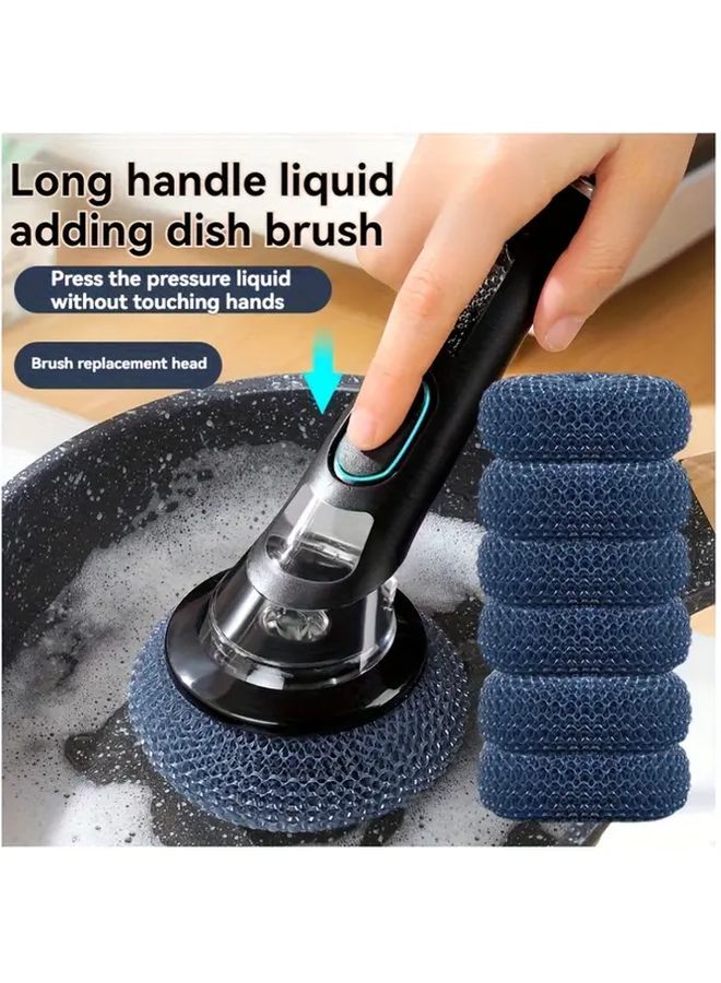 Long Handle Dish Brush With Automatic Liquid Dispenser 1pc Pot Scrub 6 Steel Wool - Image 1