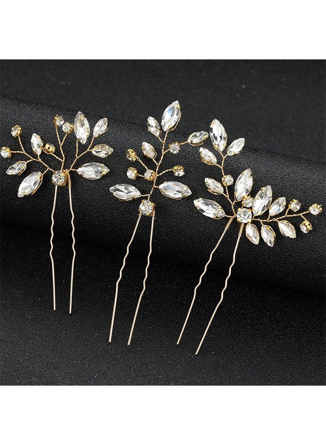 اتش واي حجر الراين العروس الزفاف دبابيس الشعر، 3 قطع كريستال الزفاف رئيس قطعة زهرة الشعر الملحقات للنساء والفتيات (الذهب) - Image 2