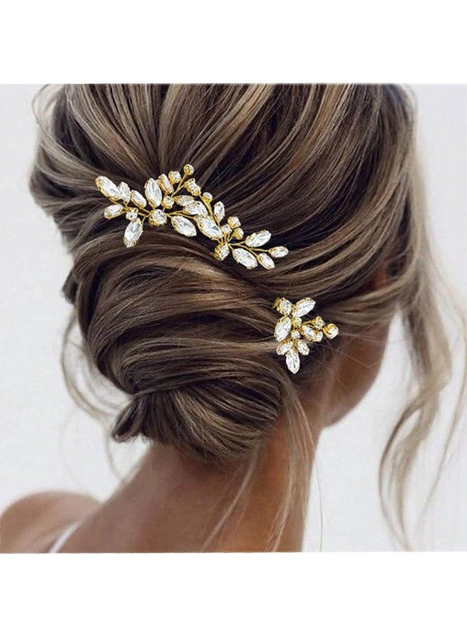 اتش واي حجر الراين العروس الزفاف دبابيس الشعر، 3 قطع كريستال الزفاف رئيس قطعة زهرة الشعر الملحقات للنساء والفتيات (الذهب) - Image 1