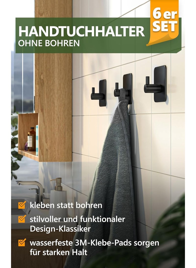 Beauenty Towel Rail without Drilling, Set of 6, Black - Bathroom Towel Holder Made of Stainless Steel, Functional Adhesive Hooks, High Load Capacity - Waterproof Hooks for Bathroom, Hooks Self-Adhesive - Image 3