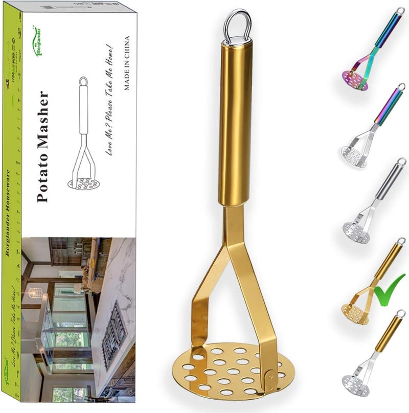 Berglander Potato Masher, Heavy Duty Stainless Steel Gold Potato Ricer With Titanium Plating, Kitchen Vegetable Fruit Masher (Gold) - Image 1