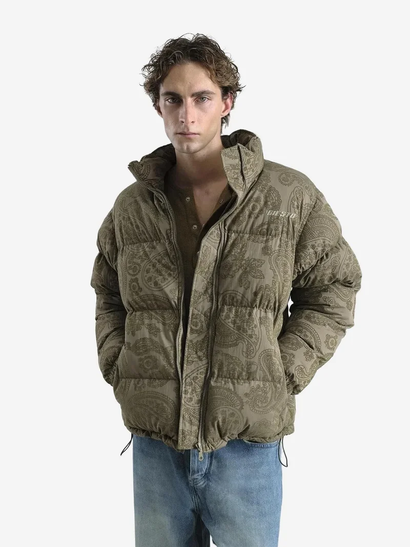 Giesto Khaki Green GIESTO Patterned Thick Bomber Puff Down Coat with Zipper Collar for Men | Best Price UAE