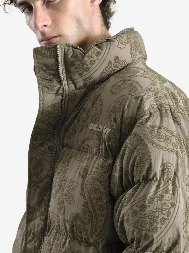 Giesto Khaki Green GIESTO Patterned Thick Bomber Puff Down Coat with Zipper Collar for Men | Best Price UAE