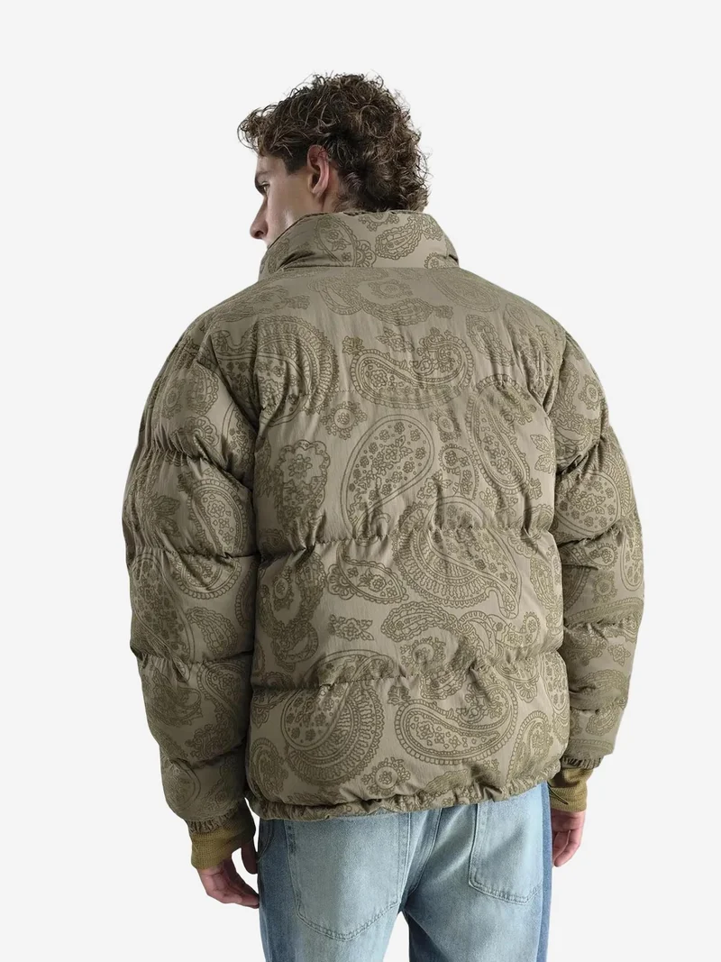 Giesto Khaki Green GIESTO Patterned Thick Bomber Puff Down Coat with Zipper Collar for Men | Best Price UAE