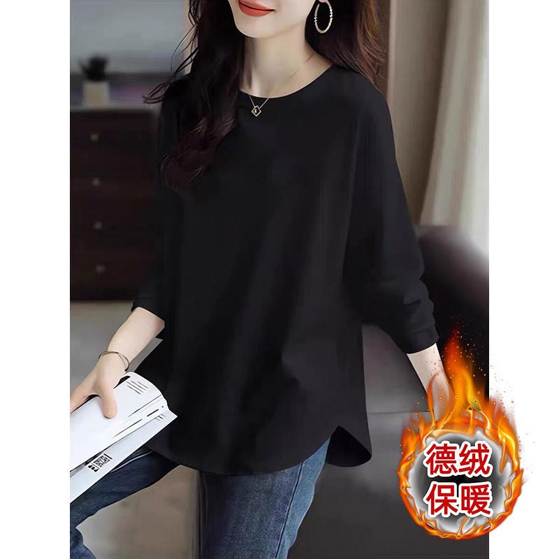 Foreign style Korean version of this years autumn and winter new German velvet long sleeve bottoming shirt curved hem design feeling womens clothing White - Image 5