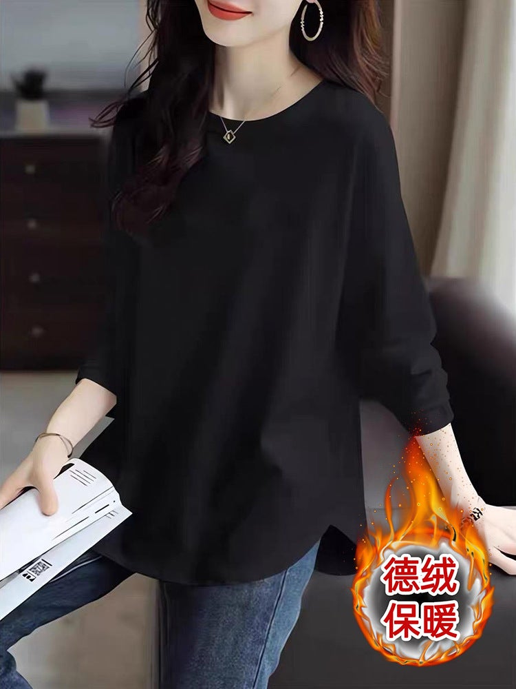 Foreign style Korean version of this years autumn and winter new German velvet long sleeve bottoming shirt curved hem design feeling womens clothing White - Image 2