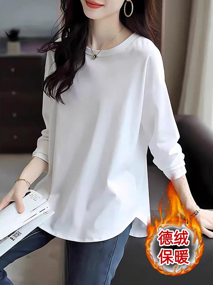 Foreign style Korean version of this years autumn and winter new German velvet long sleeve bottoming shirt curved hem design feeling womens clothing White - Image 1