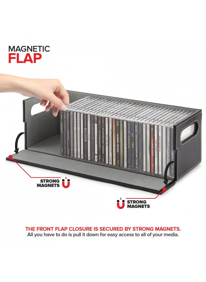 Stock Your Home - Stock Your Home CD Storage Box, Organizer Shelf for Movie Cases, DVDs, Cassette Tape Display Stand, Disc Holder Can Store Up to 40 CDs, Faux Leather (Black) - Image 1