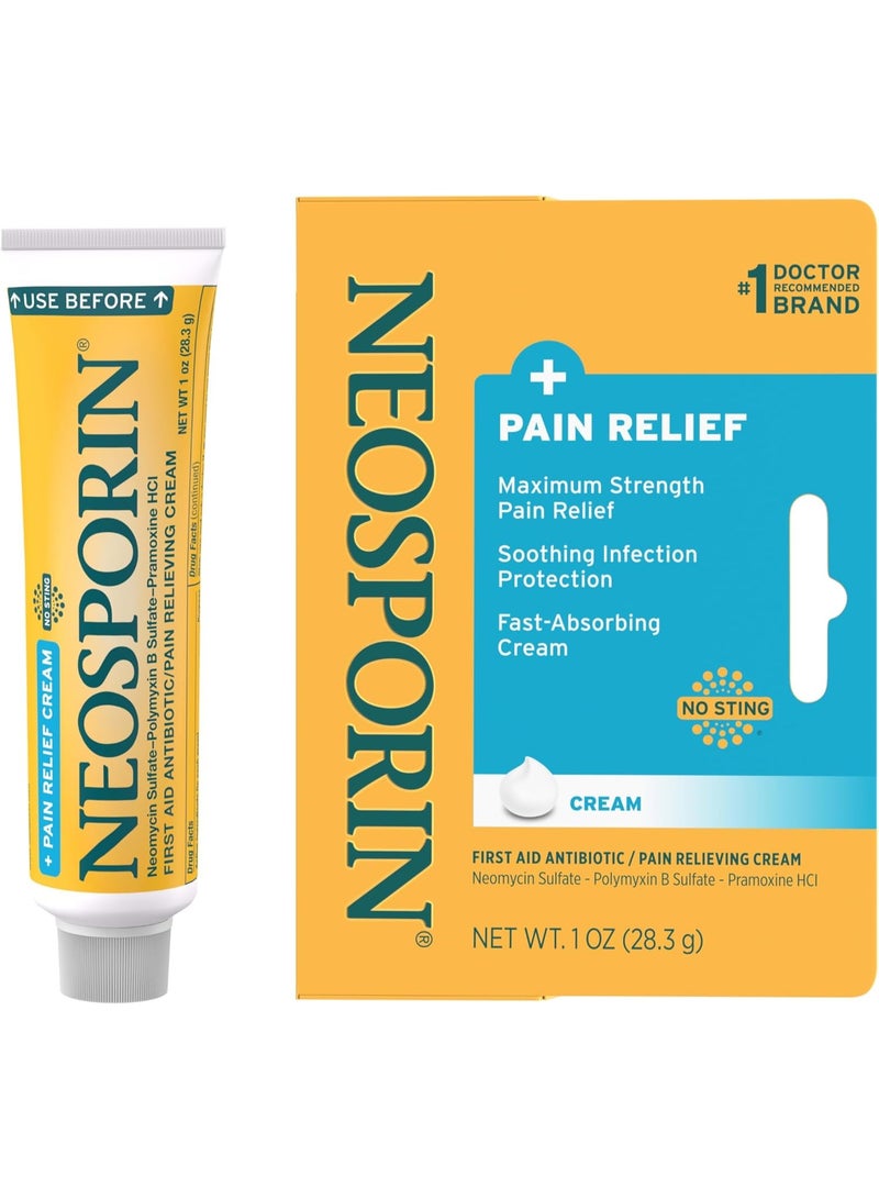 Neosporin + Maximum-Strength Pain Relief Dual Action Cream, First Aid Topical Antibiotic & Analgesic Cream for Wound Care of Minor Cuts, Scrapes & Burns, Polymyxin B & Pramoxine HCl, 1 oz