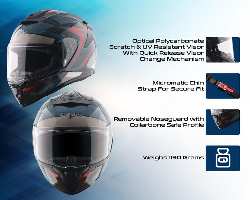 Vega VF 10 Turbo Flex Full Face Riding Helmet with Shock-Absorbing Liner, Lightweight Shell, Aerodynamic Design, Ventilated Interior, Comfortable Fit, and Modern Black Grey Styling Black Grey M - Image 4