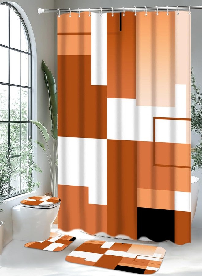 KINUUIS 4 Pcs Burnt Orange Geometric Bathroom Shower Curtain Sets with with Toilet Lid Cover and Non-Slip Rugs,Modern Bathroom Decor Sets with Shower Curtain and Rugs for Bathroom - Image 1