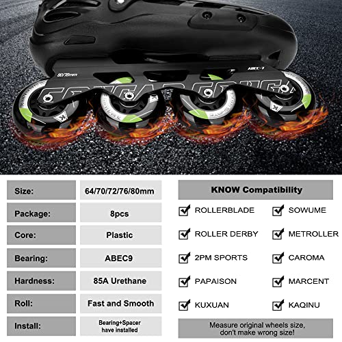 Kutrick 8 Pack Inline Skate Wheels 72mm 76mm 80mm Inline Replacement Wheels with ABEC9 Bearing for Roller blade Derby K2 Inline Skate- 85A Hardness for Indoor Outdoor Riding - Image 5