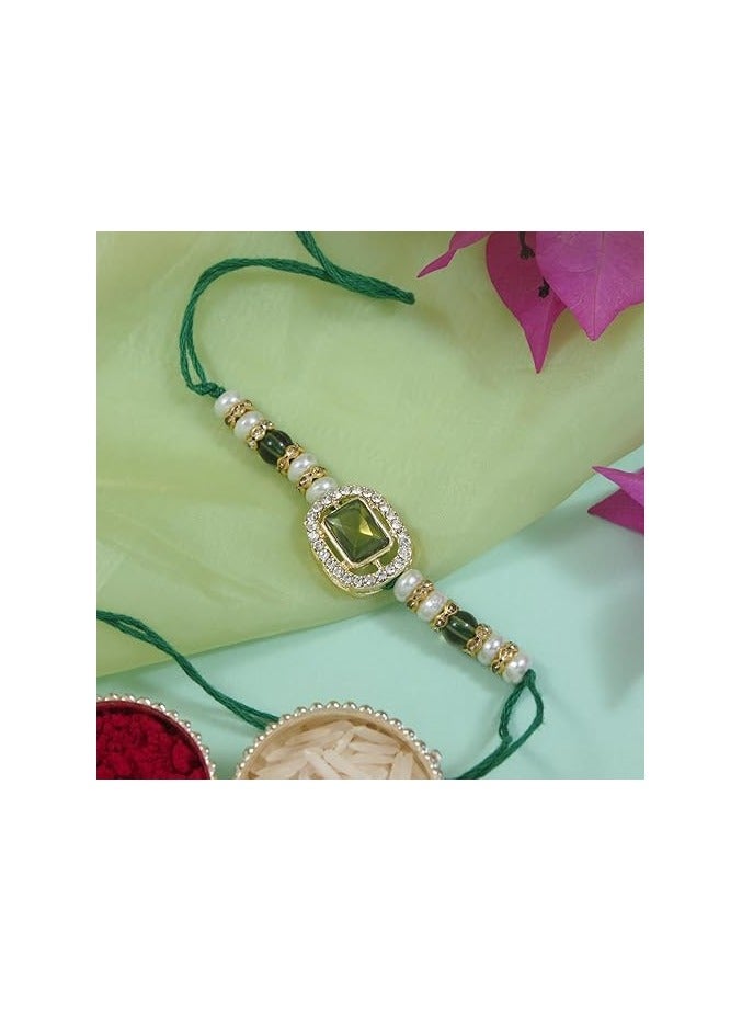 isana I Jewels Designer Kundan Pearl Bhaiya Rakhi With Roli Chawal & Rakshabandhan Card for Brother/Bro/Bhai/Men - Image 2