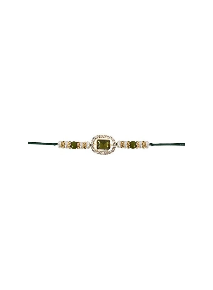 isana I Jewels Designer Kundan Pearl Bhaiya Rakhi With Roli Chawal & Rakshabandhan Card for Brother/Bro/Bhai/Men - Image 3
