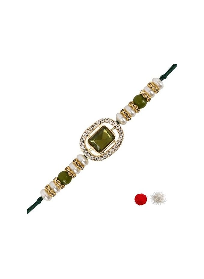 isana I Jewels Designer Kundan Pearl Bhaiya Rakhi With Roli Chawal & Rakshabandhan Card for Brother/Bro/Bhai/Men - Image 1