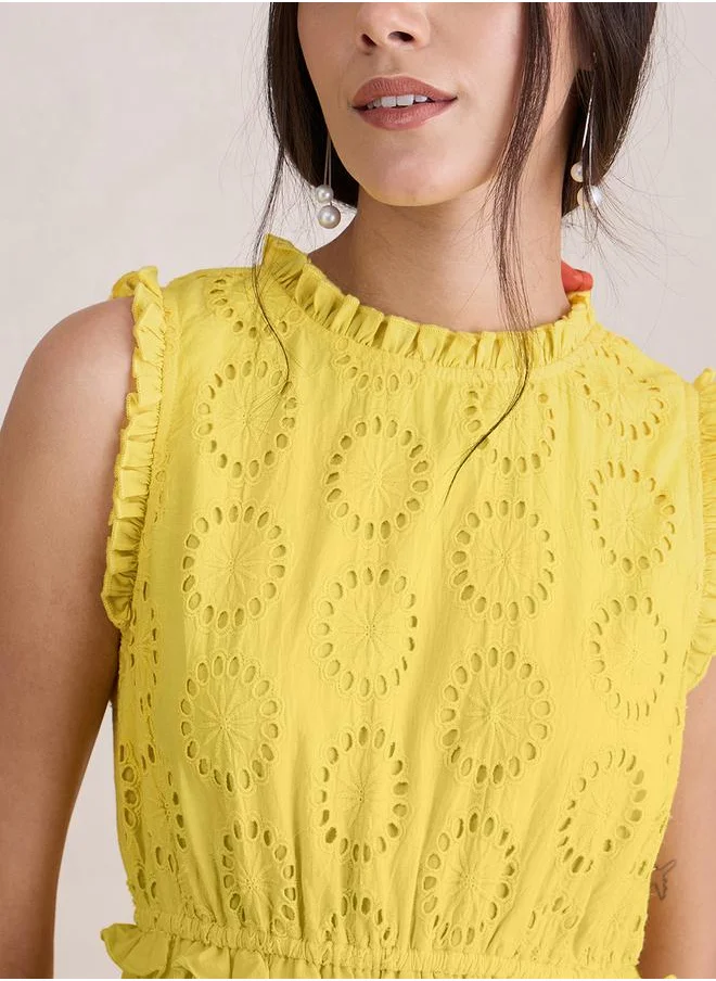 Femmella Cotton Schiffli Tiered Midi Dress with Ruffle Detail by Styli