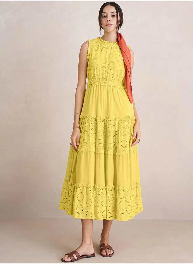 Femmella Cotton Schiffli Tiered Midi Dress with Ruffle Detail by Styli