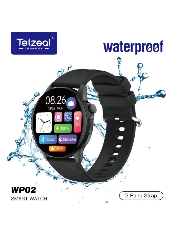 WP02 Smart Watch, Water Resistant to 1.5 Meters, Long-Lasting Battery with Charging Cable, Daily Activity and Health Monitoring, 2 Straps-black