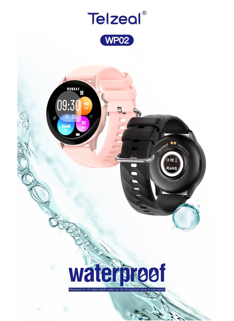 WP02 Smart Watch, Water Resistant to 1.5 Meters, Long-Lasting Battery with Charging Cable, Daily Activity and Health Monitoring, 2 Straps-black