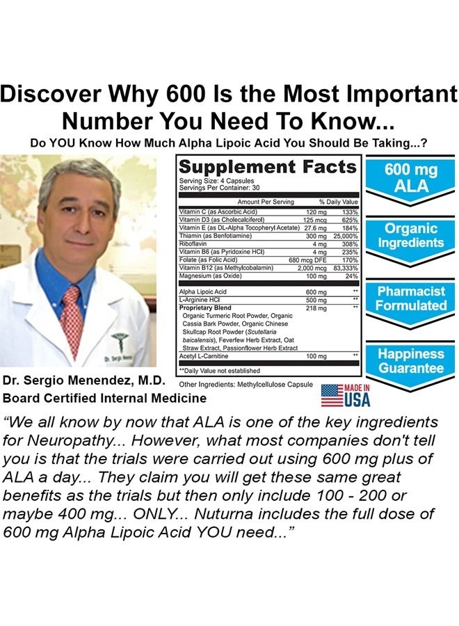 Nuturna Neuropathy Nerve Nutritional Blend with 600 mg Alpha Lipoic Acid - Benfotiamine, Peripheral, Feet, Hand Fingers Legs Toe, Best Maximum Strength Natural Renew Vitamins 120 Pills - Image 4