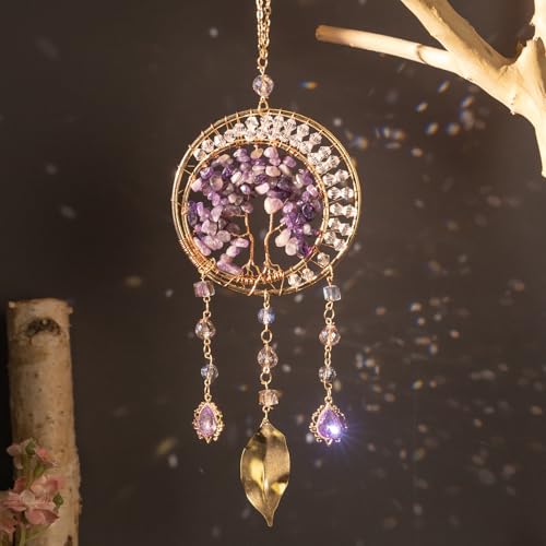 Dreamocean Crystal Suncatcher for Windows Hanging Decor Amethyst Crystal Tree of Life Sun Catcher Prism Rainbow Dream Catchers for Adult Garden Home Decor - Image 1