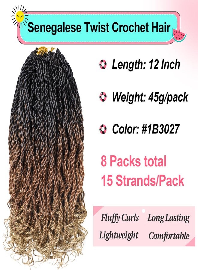 VIOLET Ombre Wavy Senegalese Twist Crochet Hair with Curly Ends 12 Inch Pre Looped Short Crochet Hair 8 Packs Curly Crochet Hair for Black Women Synthetic Crochet Braids 120 Strands Kinky Twist Hair(1B3027) - Image 2