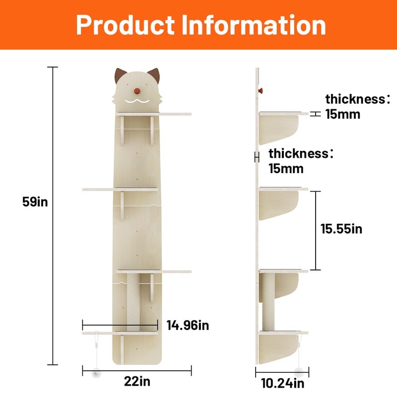 Vissmarta Cat Wall Mount Mounted Floating Shelves Shelf Perch Furniture Perch Hammock Climber Climbing Tree Indoor Large Wall-Mounted Steps Cat Climb Perches Solid Wood Hammock - Image 5