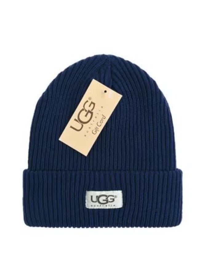 Navy Blue Ribbed Knit Beanie with Brand Patch