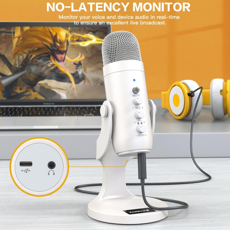 ZealSound ميكروفون USB من ZealSound، كتم سريع وإلغاء الضوضاء للهاتف والكمبيوتر PC و PS5، ميكروفون للألعاب مع تحكم في الكسب، ضبط مستوى الصوت لمراقبة الصدى لتسجيل الصوت المباشر والبودكاست والفيديو K66 أبيض - Image 5