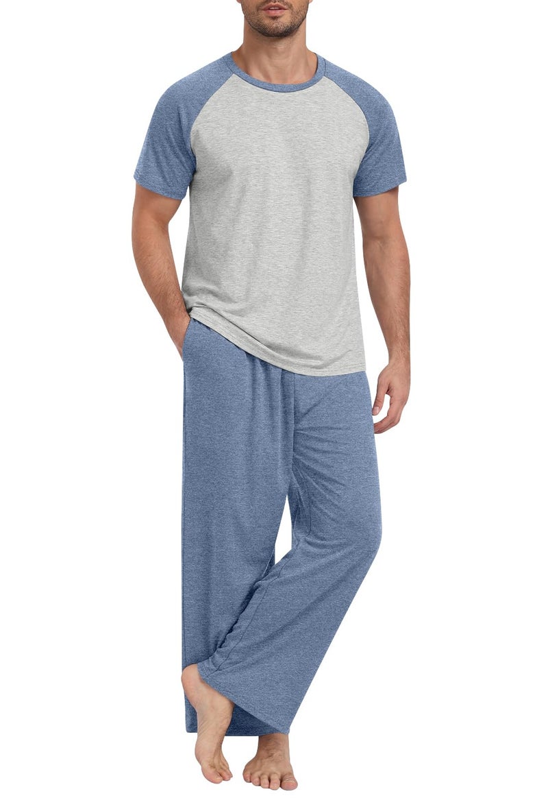 Yincro Mens Pajamas Set Lightweight Loungewear Short Sleeve Top and Pants Soft Sleepwear Pjs Sets (Gray Blue-light Gray, L) - Image 4