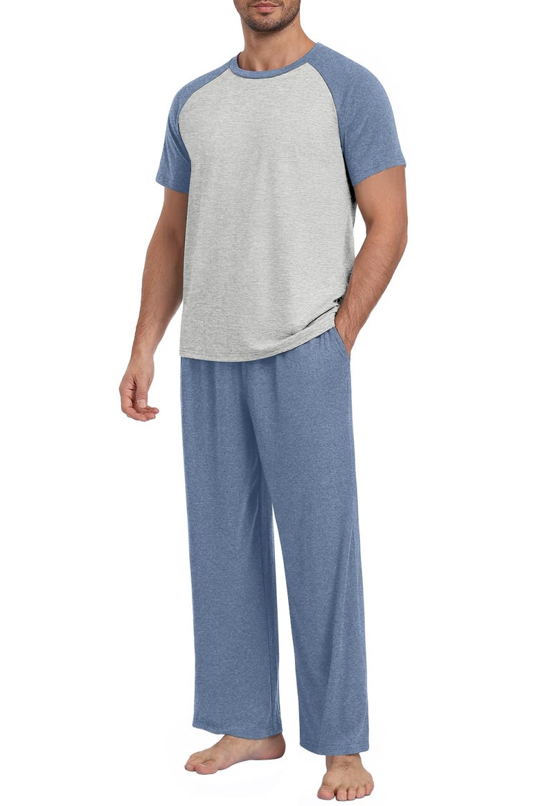 Yincro Mens Pajamas Set Lightweight Loungewear Short Sleeve Top and Pants Soft Sleepwear Pjs Sets (Gray Blue-light Gray, L) - Image 2