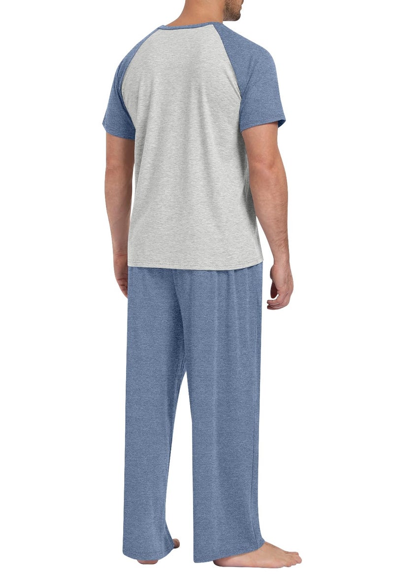 Yincro Mens Pajamas Set Lightweight Loungewear Short Sleeve Top and Pants Soft Sleepwear Pjs Sets (Gray Blue-light Gray, L) - Image 3