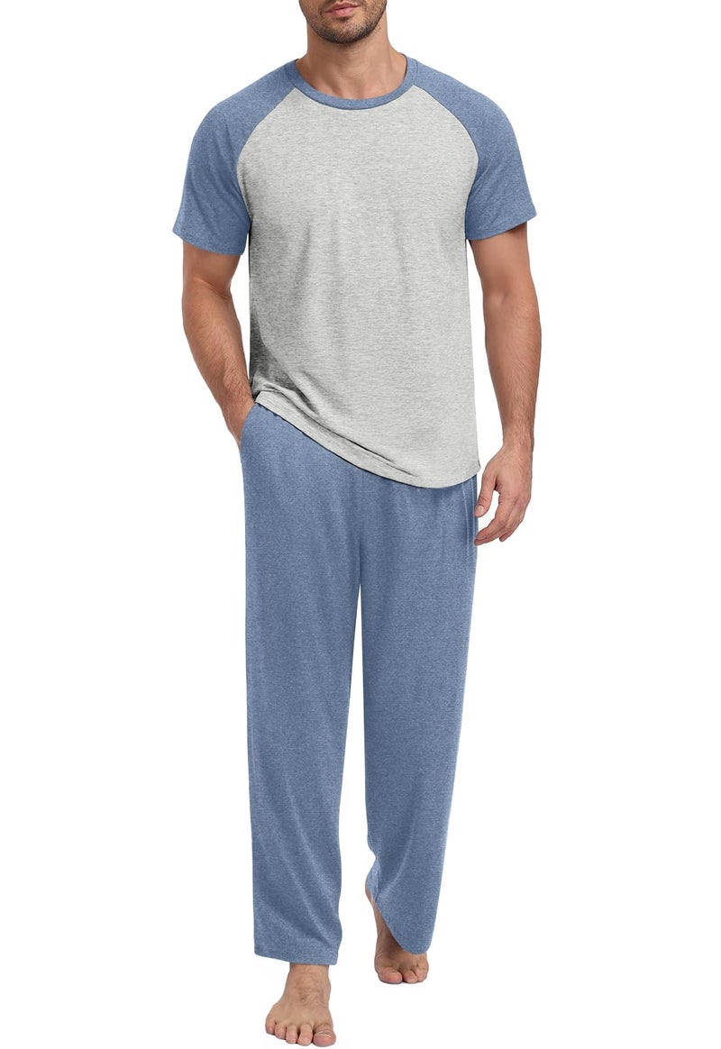 Yincro Mens Pajamas Set Lightweight Loungewear Short Sleeve Top and Pants Soft Sleepwear Pjs Sets (Gray Blue-light Gray, L) - Image 1