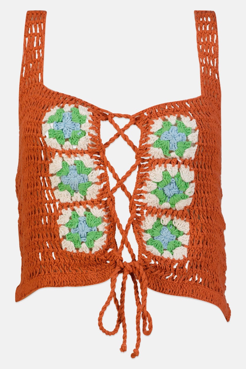 Asos Design Women Square Neck Sleeveless Crochet Tank Top, Brown - Image 2