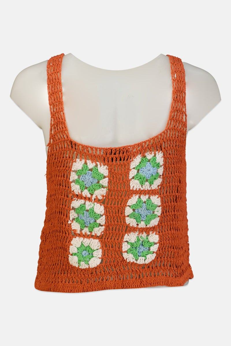 Asos Design Women Square Neck Sleeveless Crochet Tank Top, Brown - Image 3