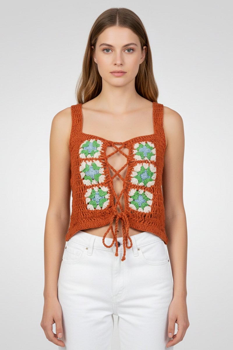 Asos Design Women Square Neck Sleeveless Crochet Tank Top, Brown - Image 1
