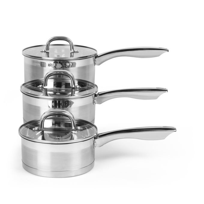 TIMELESS 3 PIECE SAUCEPAN SET 16CM 18CM 20CM STAINLESS STEEL PANS INCLUDES TEMPERED GLASS LIDS WITH STEAM VENTS INDUCTION HOB COOKING PANS DISHWASHER SAFE SCRATCH RESISTANT FINISH
