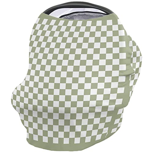 Onekaccu Sage Green Car Seat Covers for Babies Nursing Breastfeeding Covers Stretchy Breathable Baby Carseat Canopy Cover for Girls and Boys Shower Gifts Modern Minimalism Checkered Plaid - Image 1