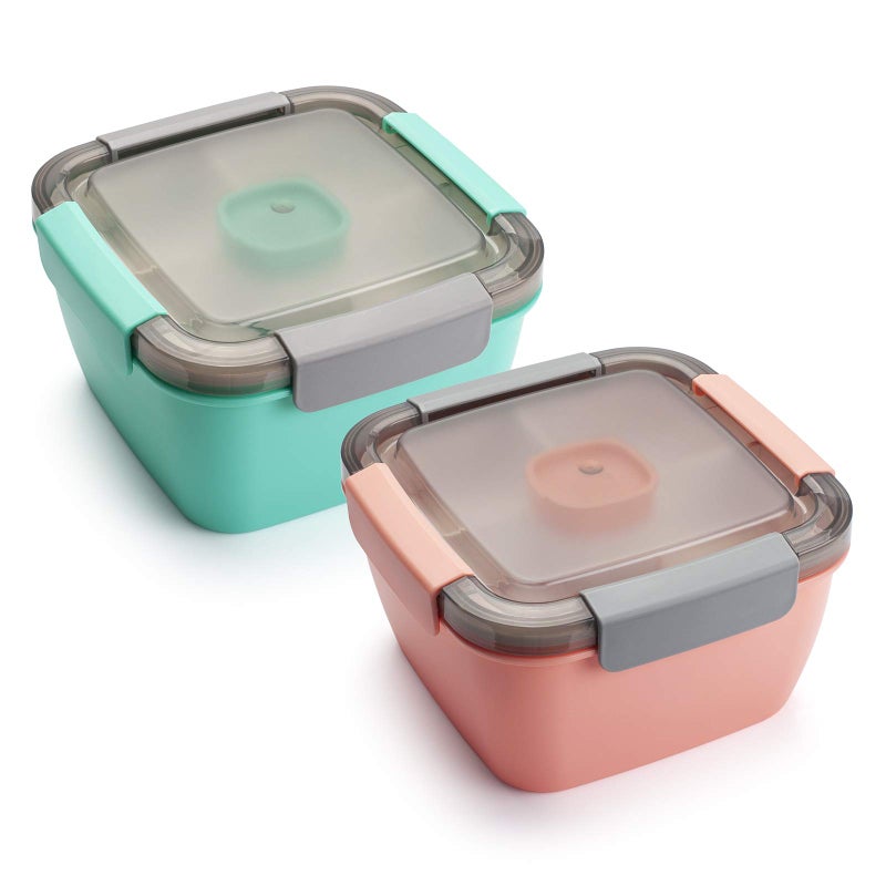 Freshmage Salad Lunch Containers To Go, 2 Pack 52-oz Bowls with 3 Compartments, Dressing Containers for Toppings, Snacks - Pink & Green - Image 1