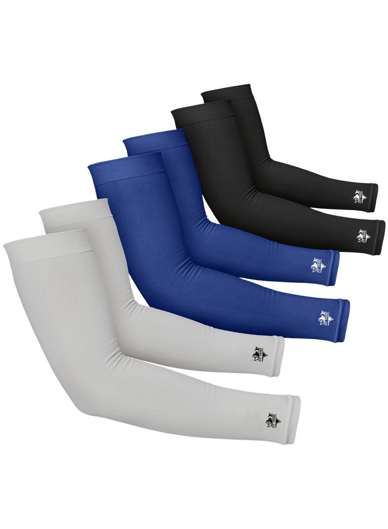 FIT TRIBE 3 Pack UV Protection Cooling Arm Sleeves for Men & Women - Sunblock, Breathable Compression Sleeves for Golf, Basketball, Driving, Cycling, Hiking & Outdoor Sports (Black, Grey, Blue) - Image 1
