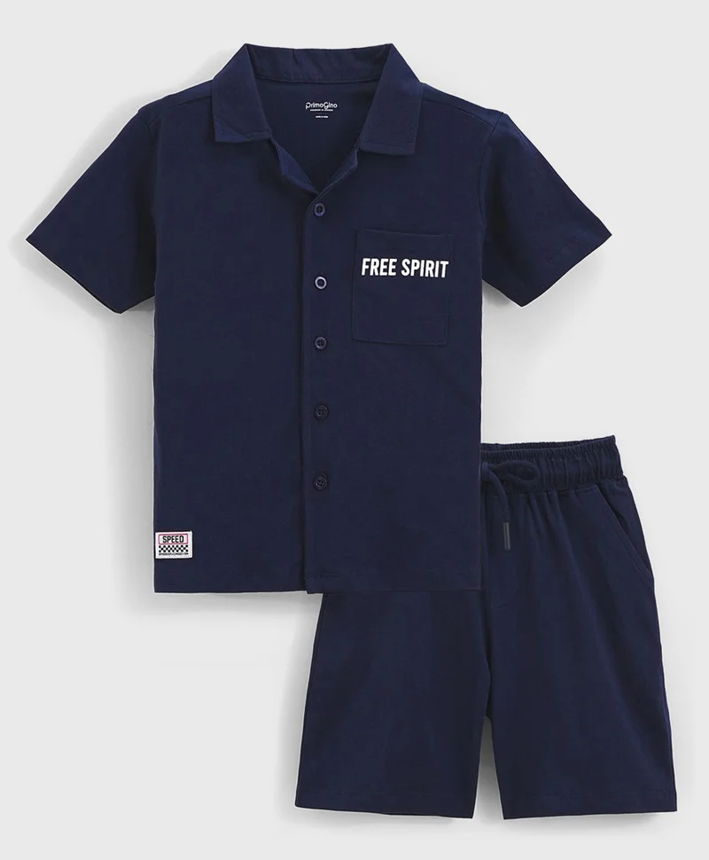 Primo Gino Primo Gino 100% Cotton HD Printed Half Sleeves Shirt & Printed Shorts Co-ords Set - Navy Blue